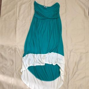 Teal high-low strapless dress.